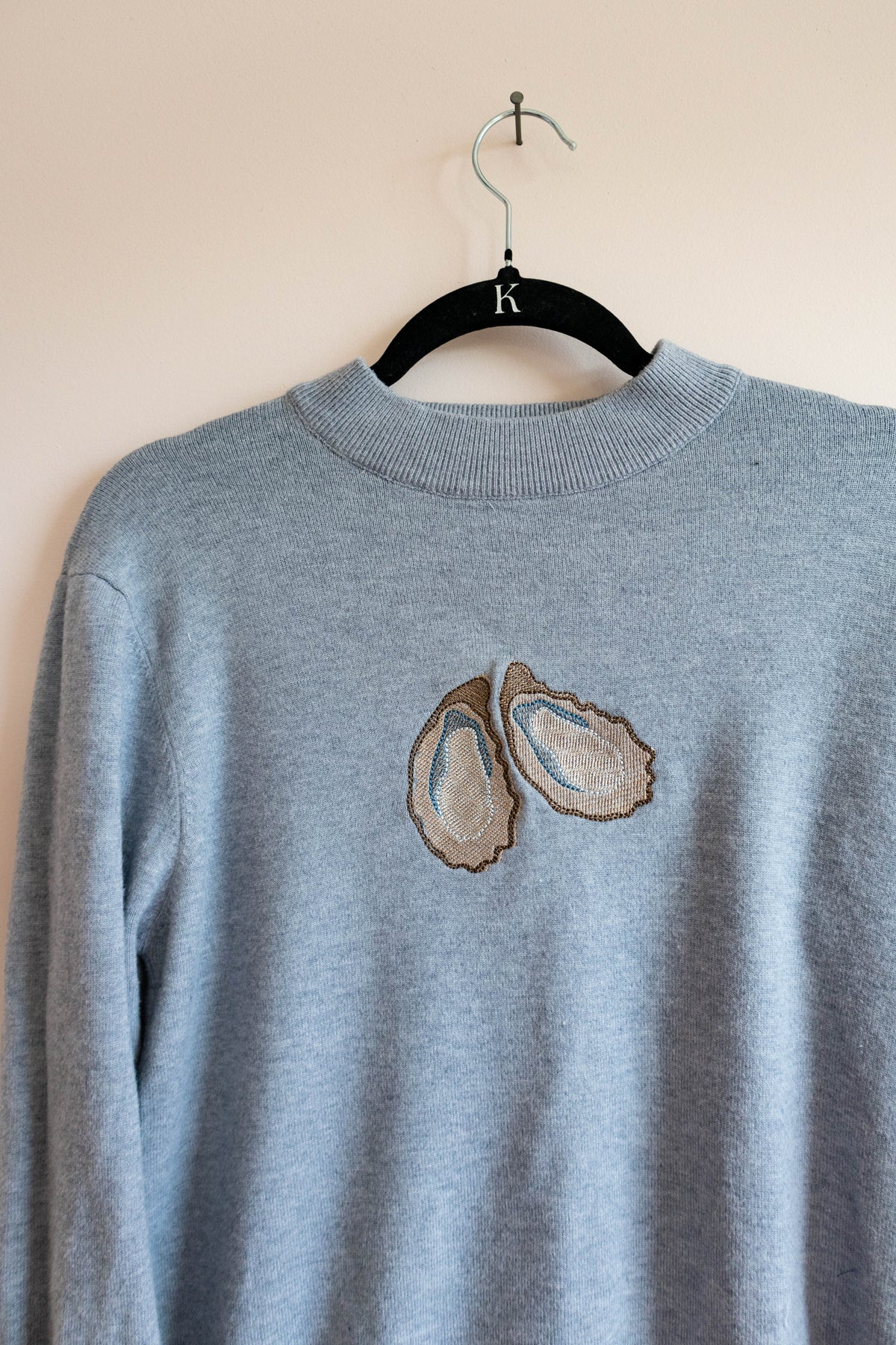 Upcycled Oyster Embroidered Mock Neck Sweater – Size Large
