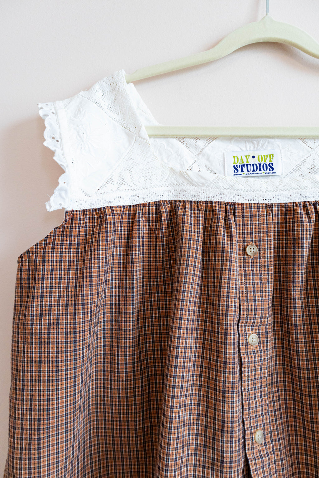 Upcycled Plaid Lace Button-Front Top