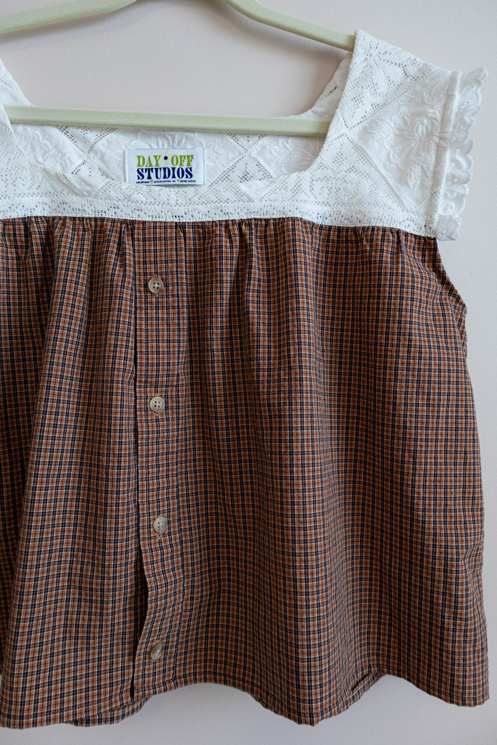 Upcycled Plaid Lace Button-Front Top