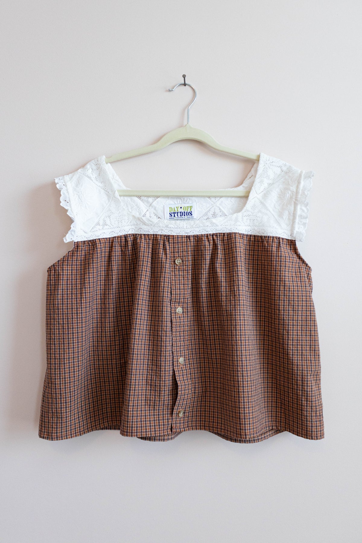 Upcycled Plaid Lace Button-Front Top
