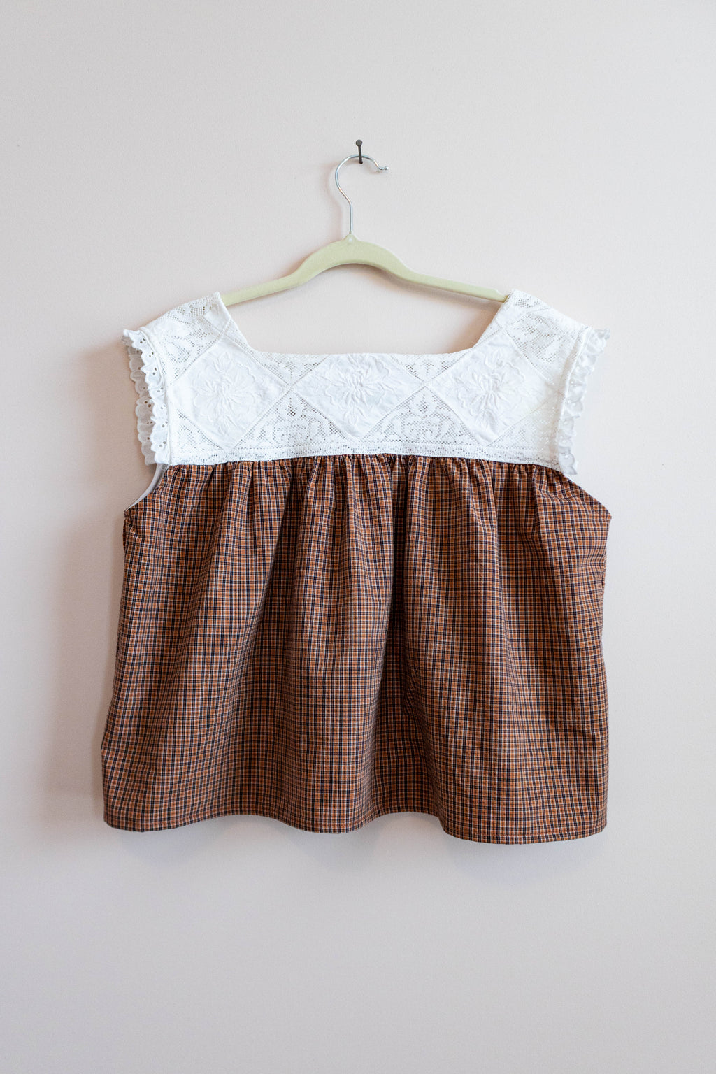 Upcycled Plaid Lace Button-Front Top
