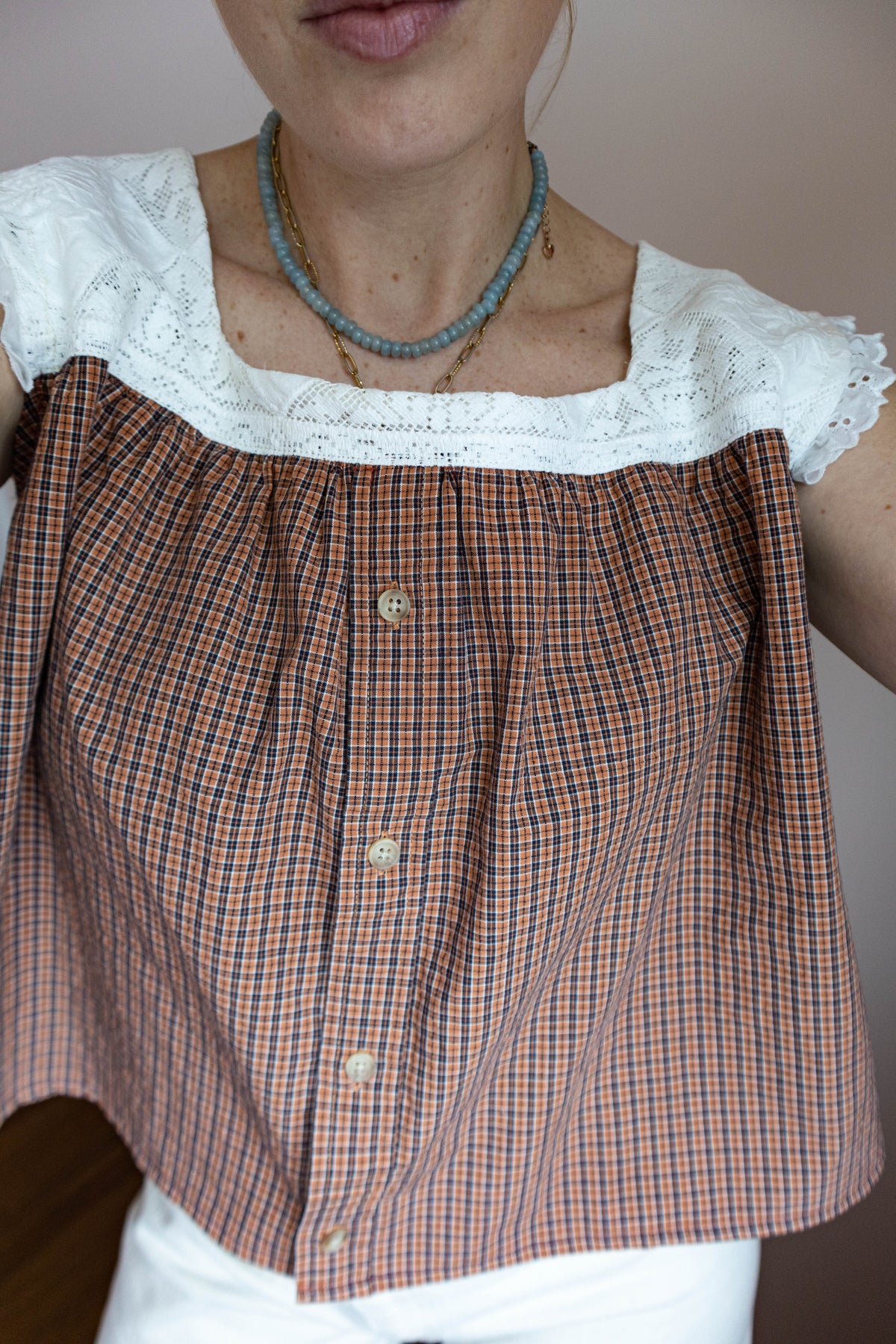 Upcycled Plaid Lace Button-Front Top