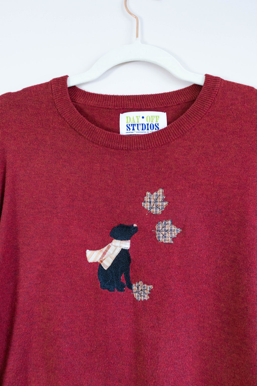 Upcycled Red Sweater with Dog & Autumn Leaves