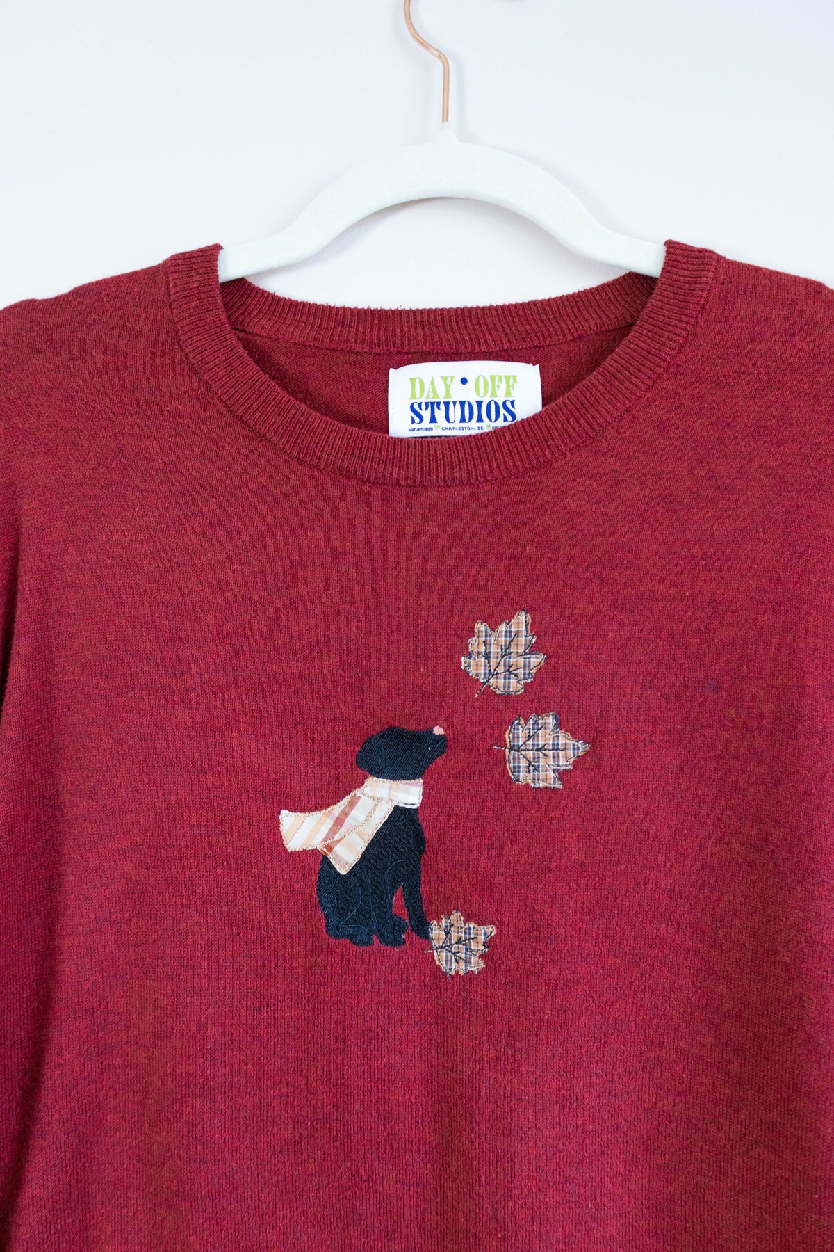 Upcycled Red Sweater with Dog & Autumn Leaves