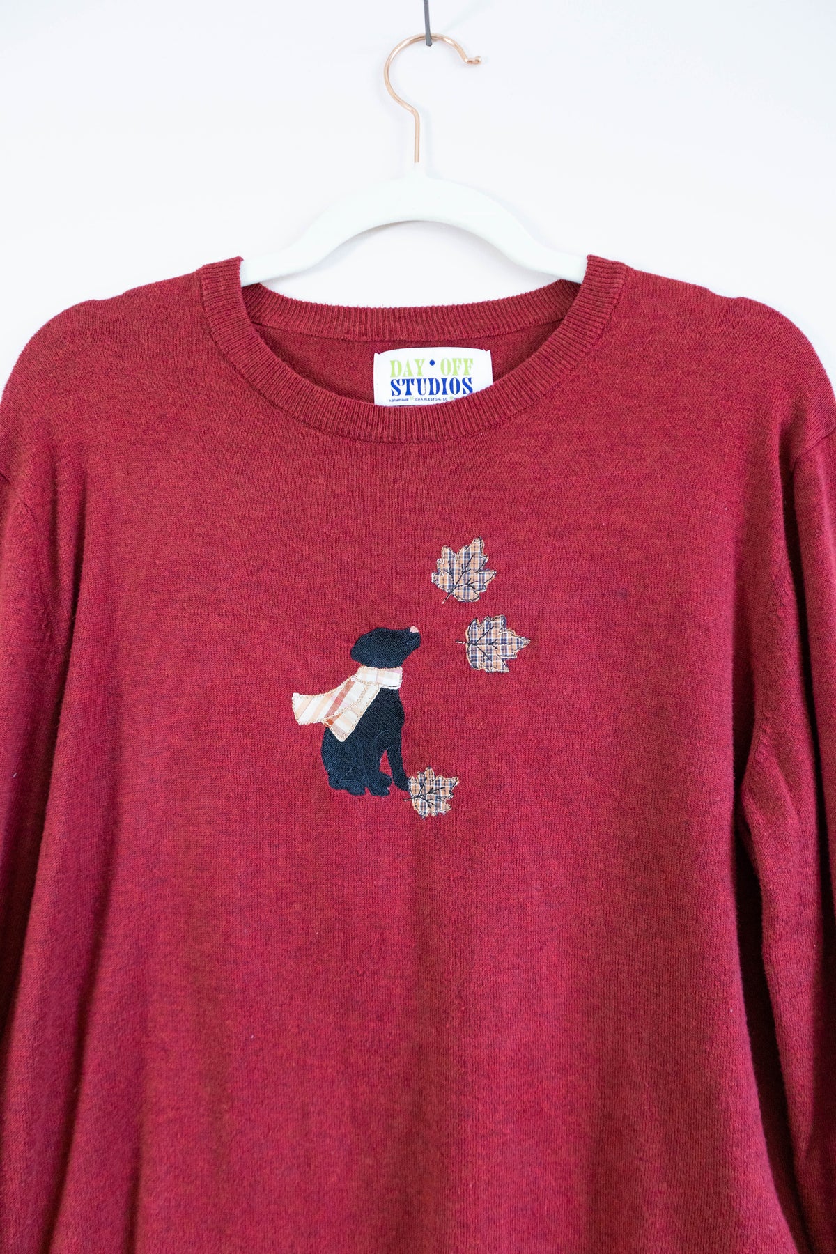 Upcycled Red Sweater with Dog & Autumn Leaves