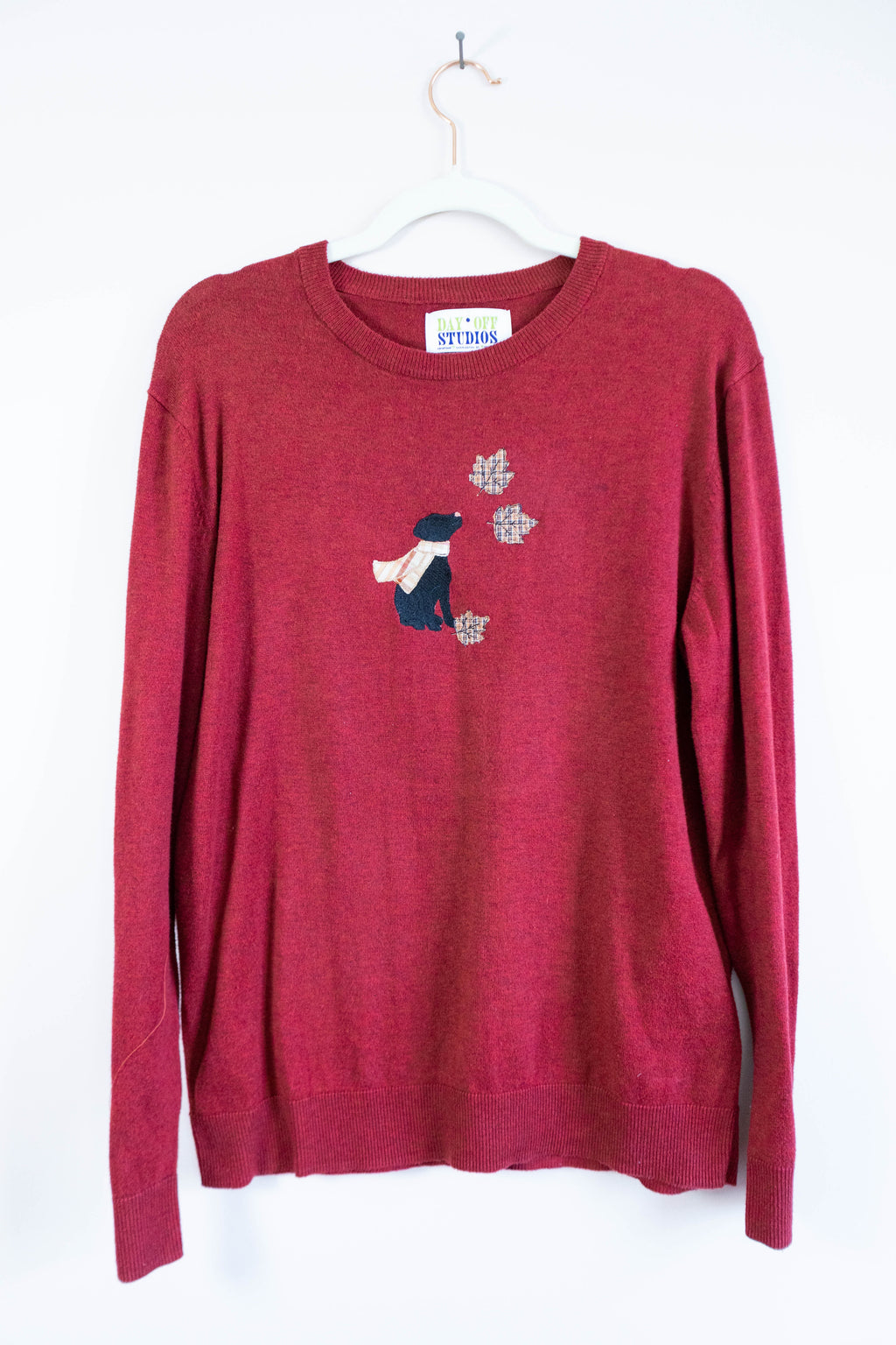 Upcycled Red Sweater with Dog & Autumn Leaves