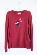 Upcycled Red Sweater with Dog & Autumn Leaves