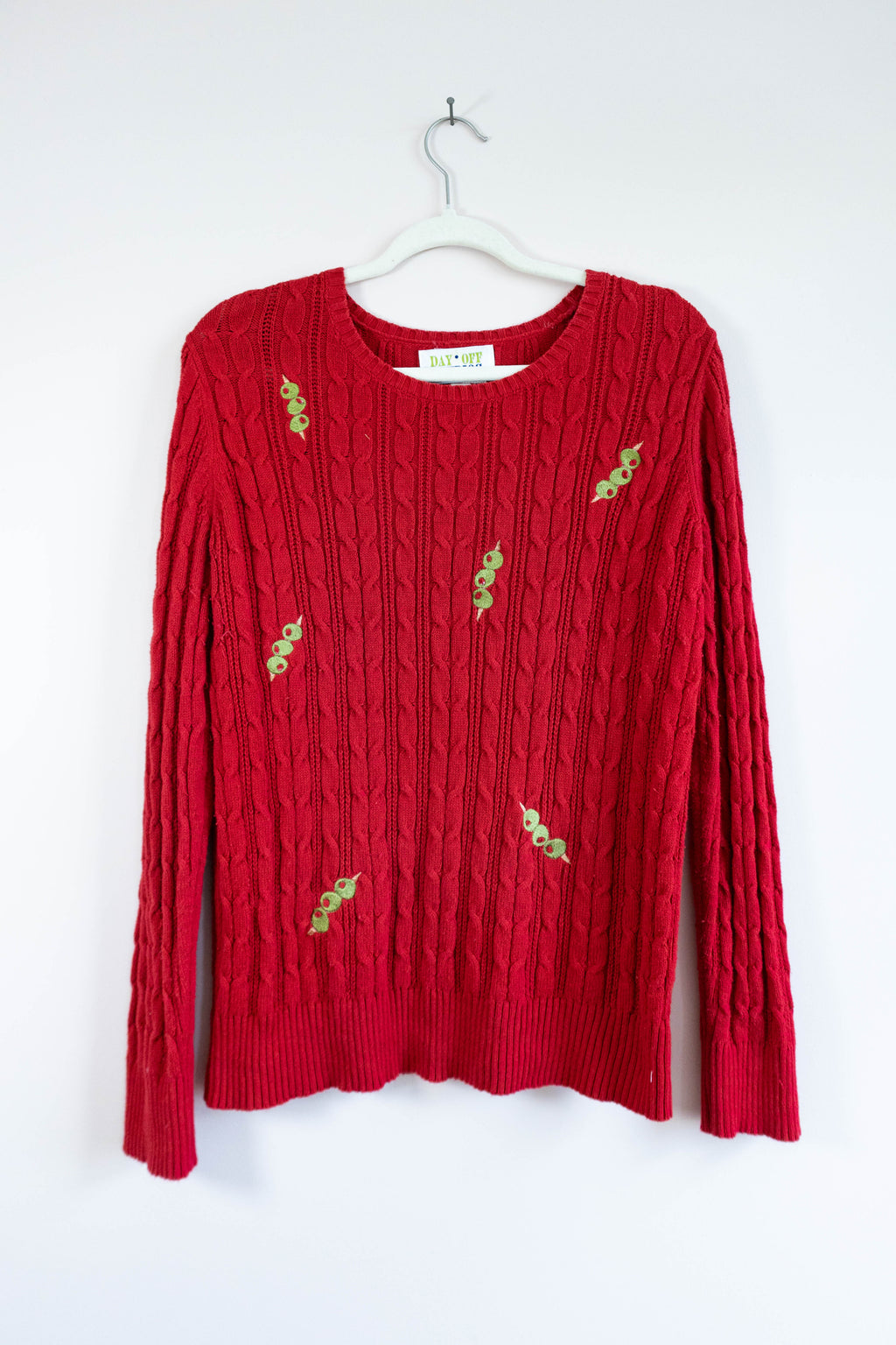 Upcycled Cable Knit Sweater with Embroidered Olives