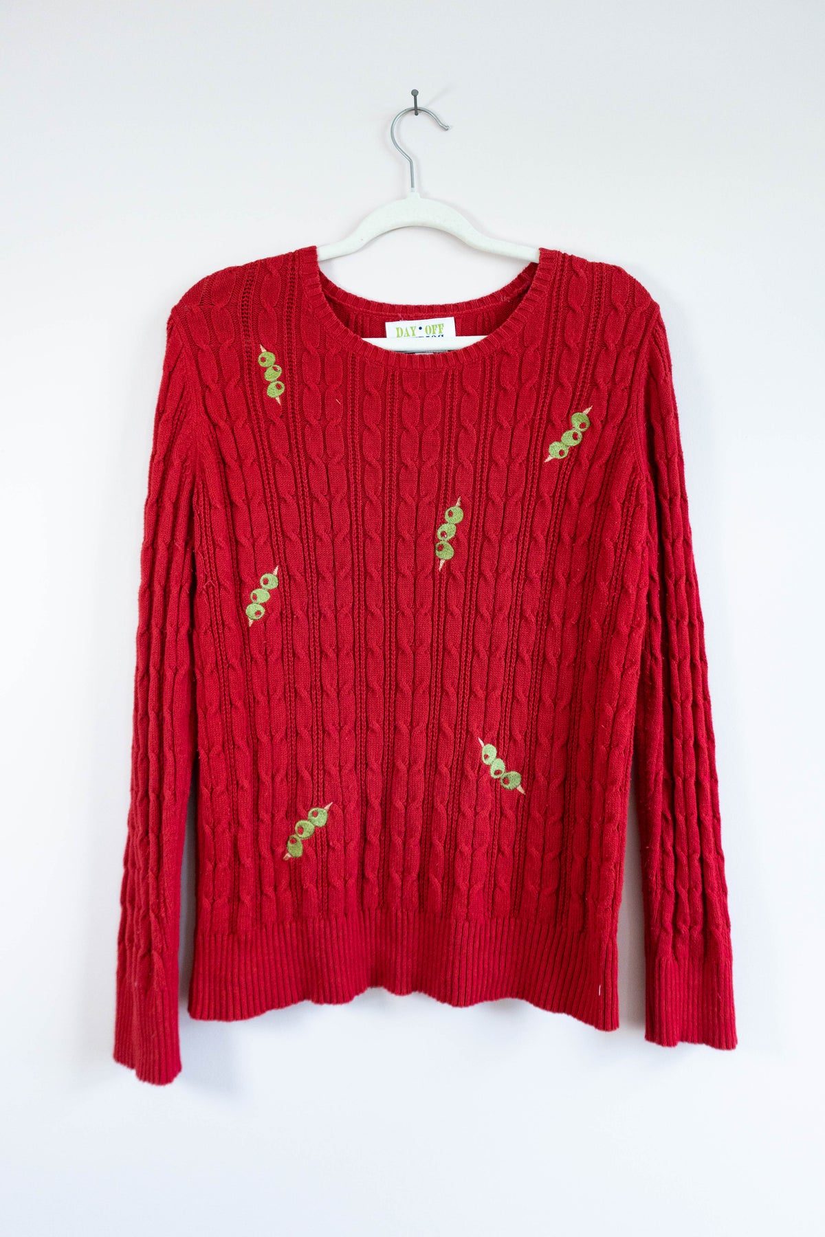 Upcycled Cable Knit Sweater with Embroidered Olives