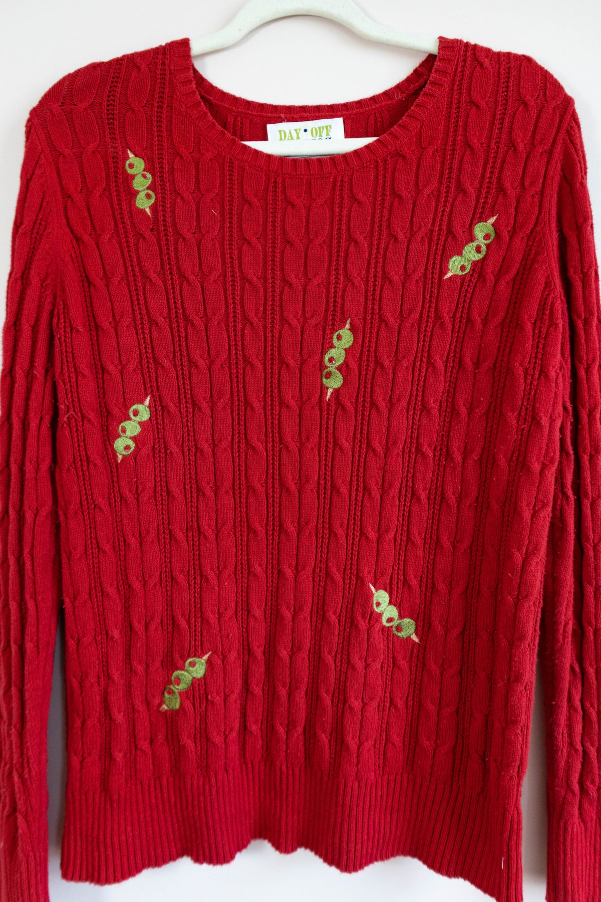 Upcycled Cable Knit Sweater with Embroidered Olives