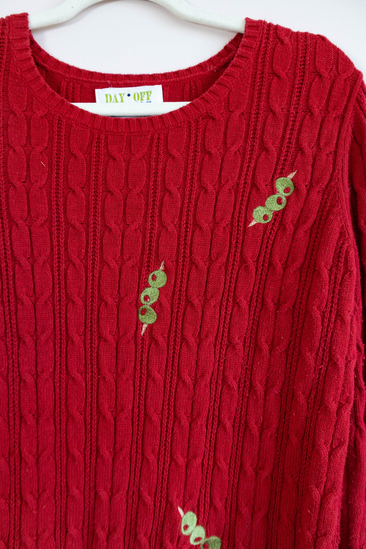Upcycled Cable Knit Sweater with Embroidered Olives