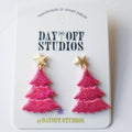 Sparkly Pink Christmas Tree Earrings -- Gold Star Post
