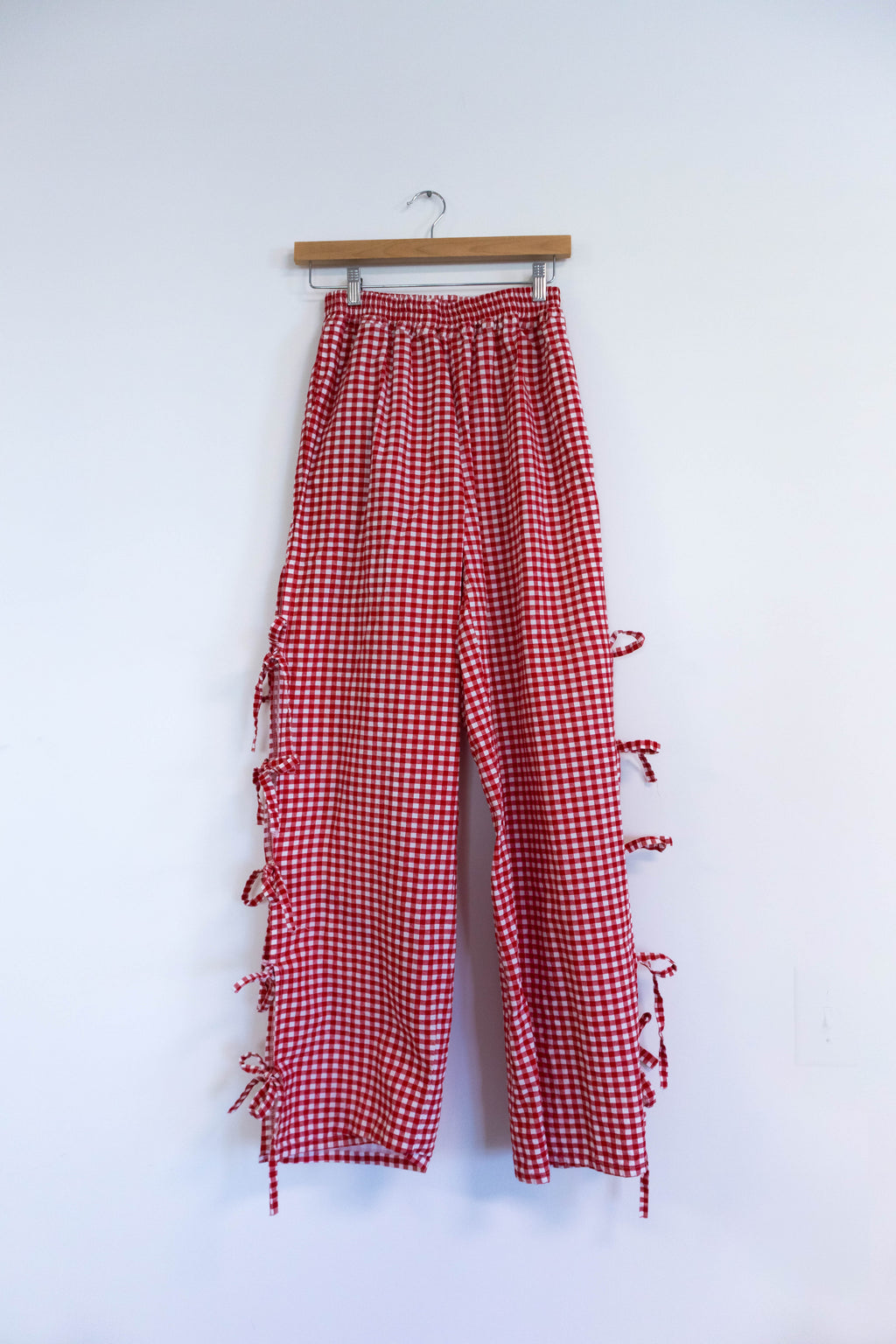 Red Gingham Side-Tie Wide-Leg Pants