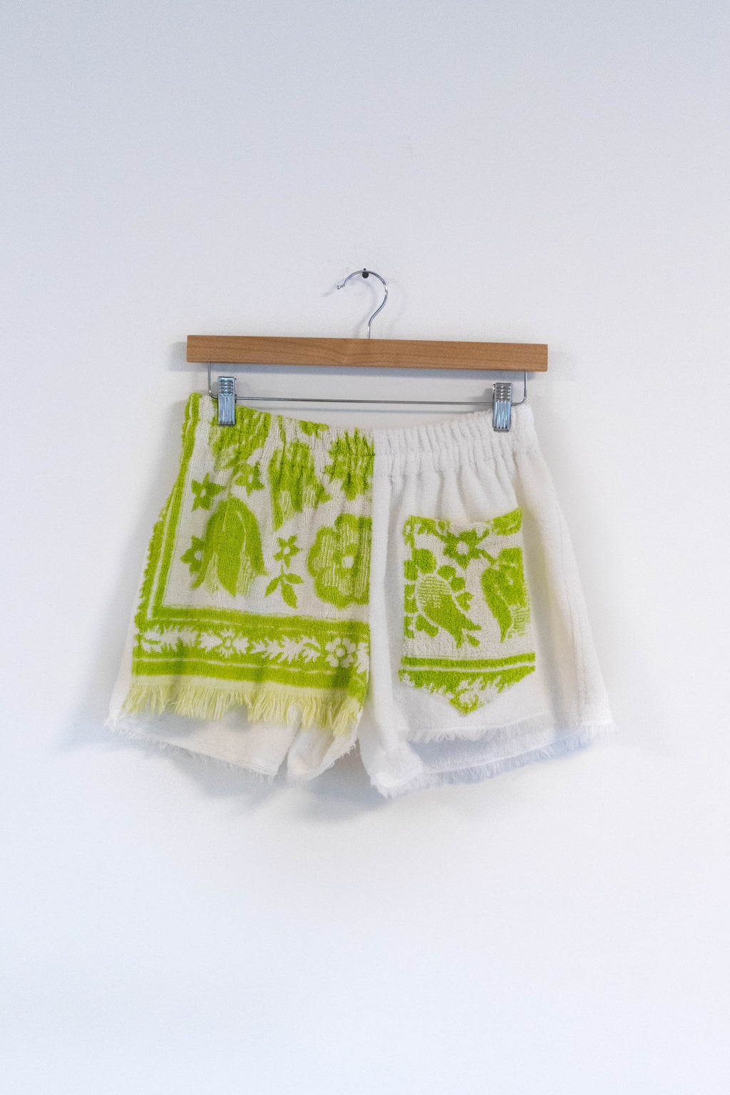 Vintage Floral & White Towel Shorts – Green & White