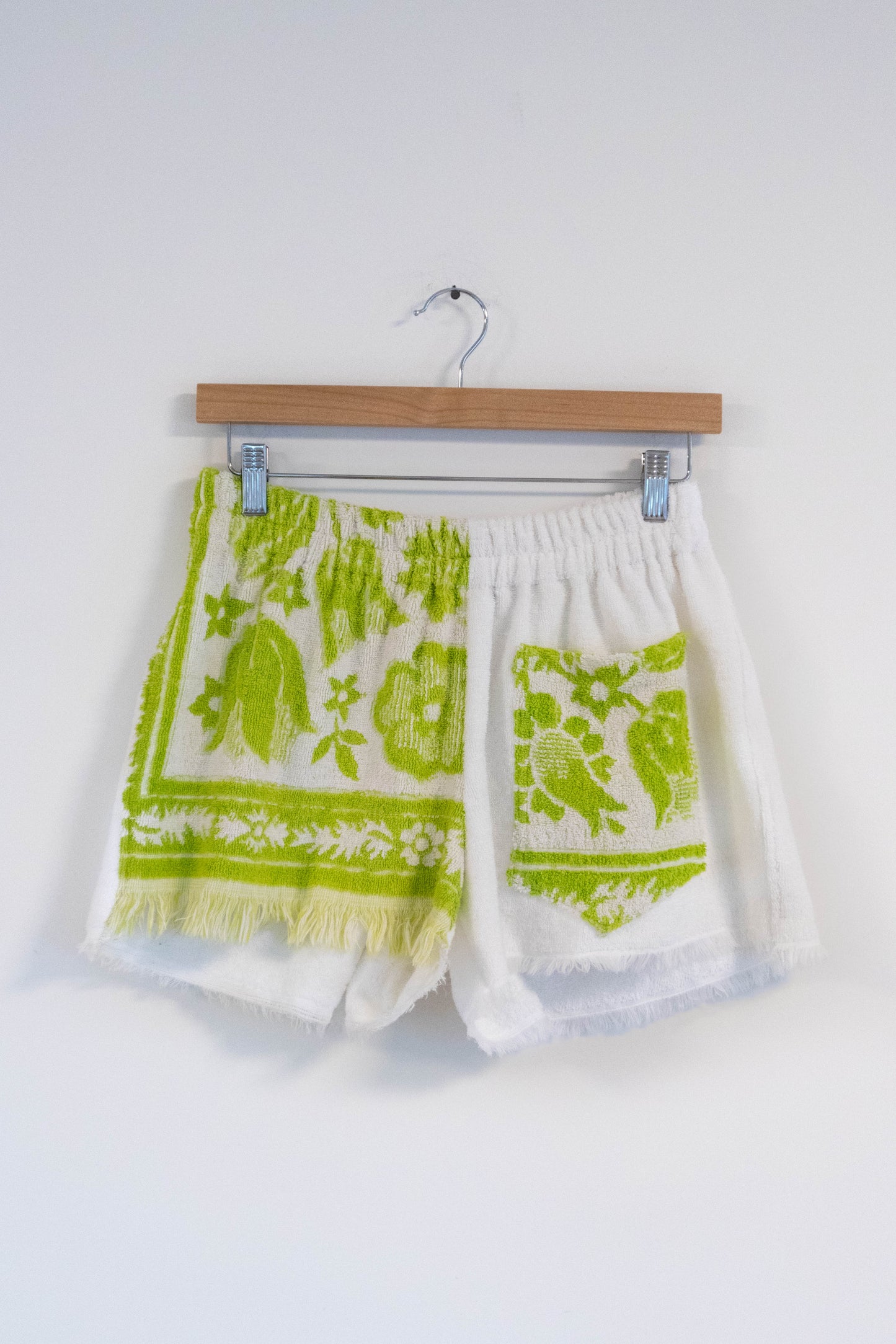 Vintage Floral & White Towel Shorts – Green & White