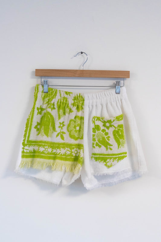 Vintage Floral & White Towel Shorts – Green & White