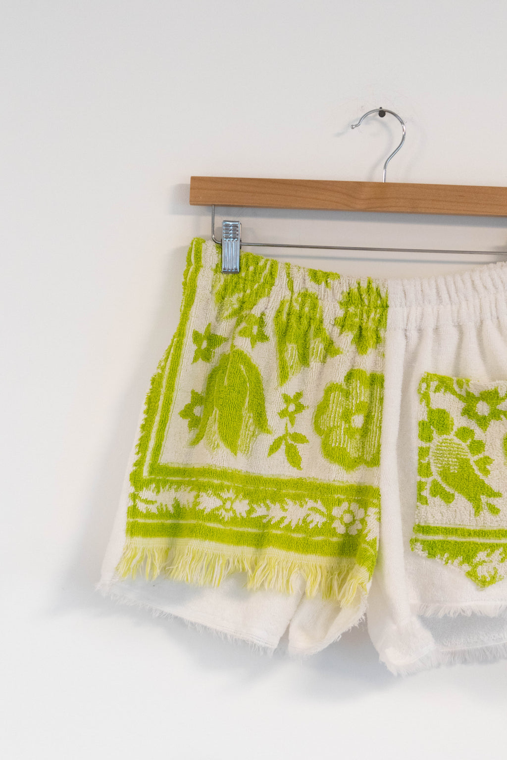 Vintage Floral & White Towel Shorts – Green & White