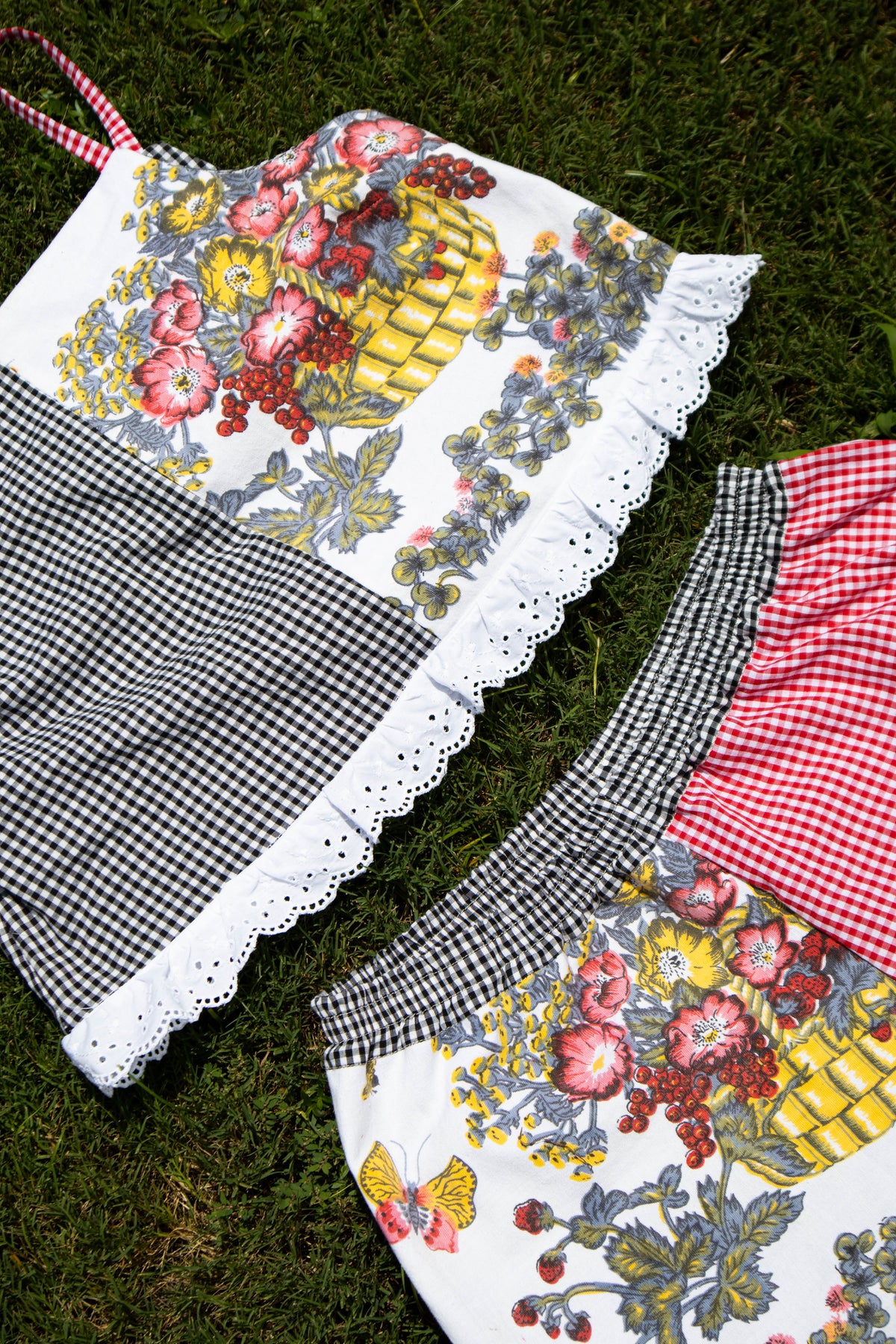 Picnic in the Park Matching Set - Upcycled Gingham & Vintage Tea Towel