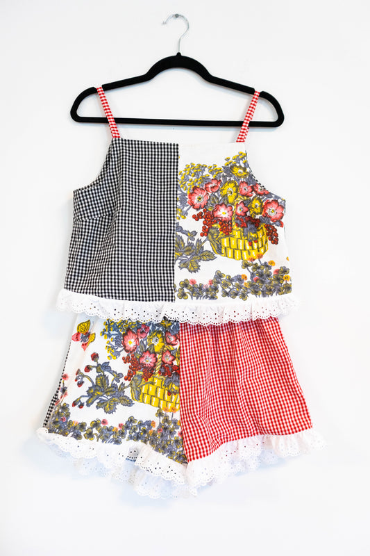 Picnic in the Park Matching Set - Upcycled Gingham & Vintage Tea Towel