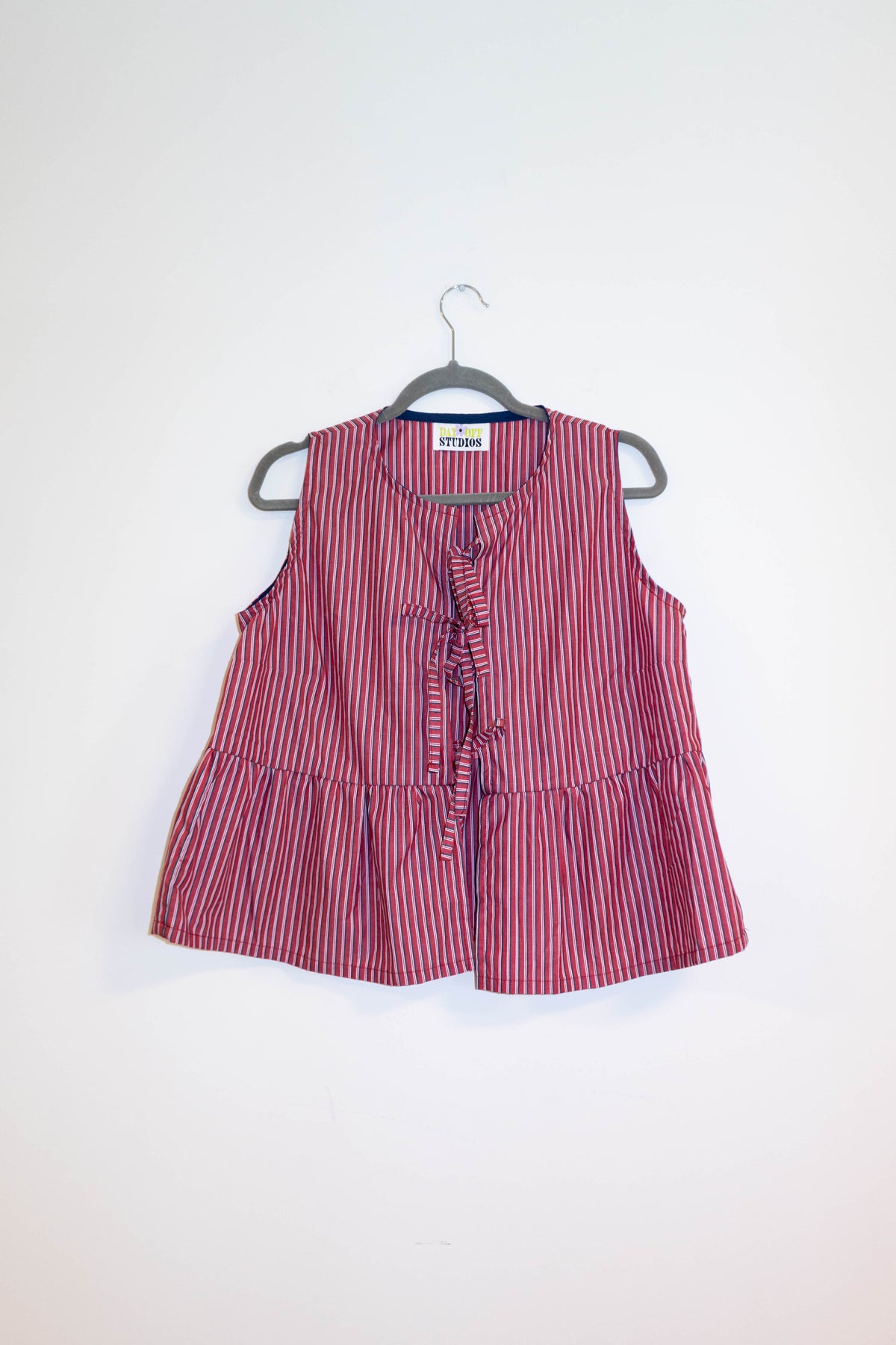 Upycled Red & White Striped Ruffle Top