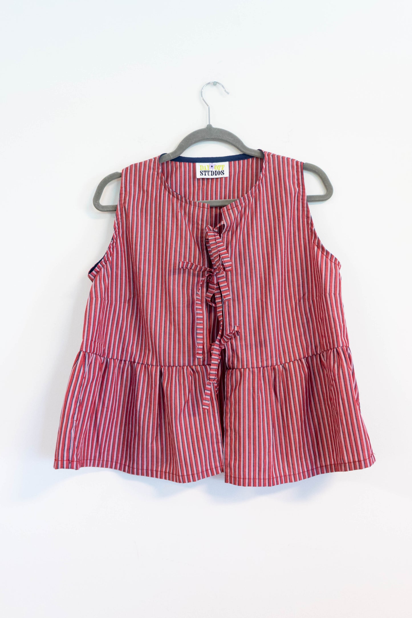 Upycled Red & White Striped Ruffle Top