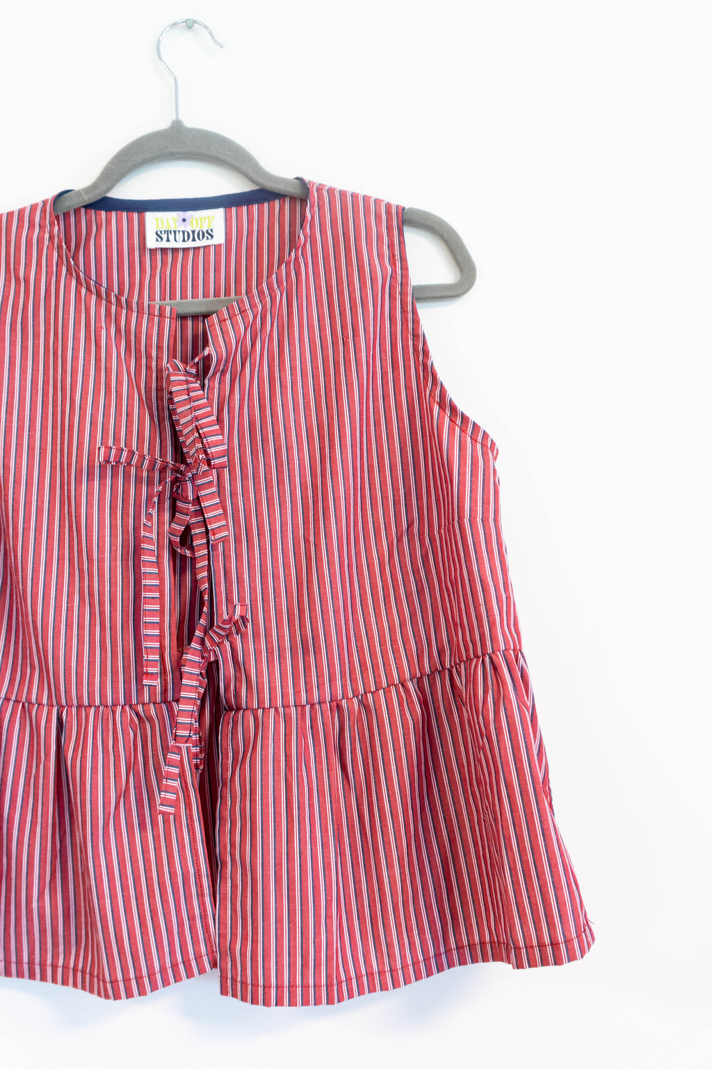 Upycled Red & White Striped Ruffle Top