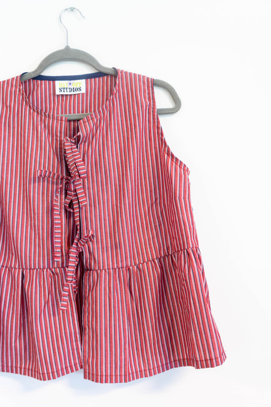 Upycled Red & White Striped Ruffle Top