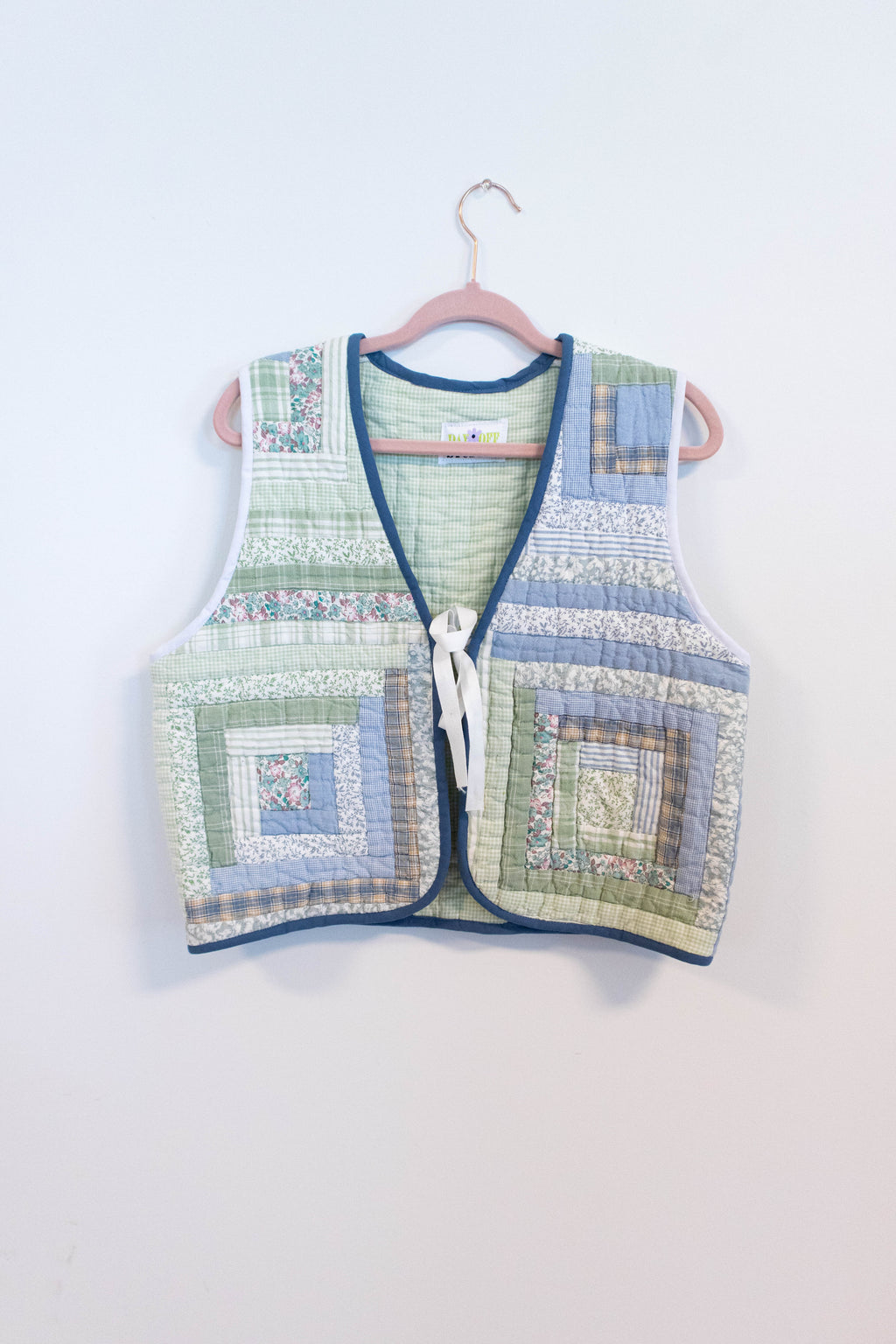 Upcycled Log Cabin Quilt Vest – Blue + Green
