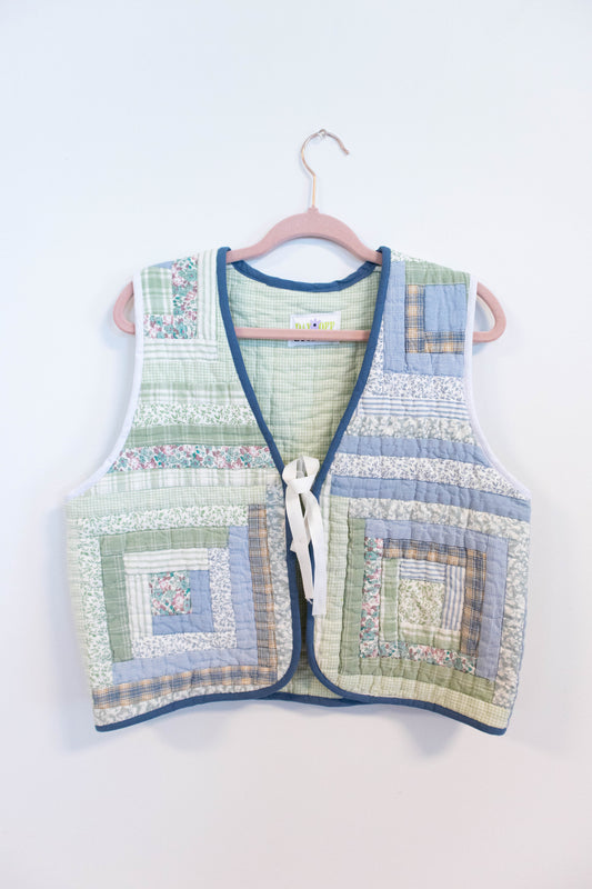 Upcycled Log Cabin Quilt Vest – Blue + Green