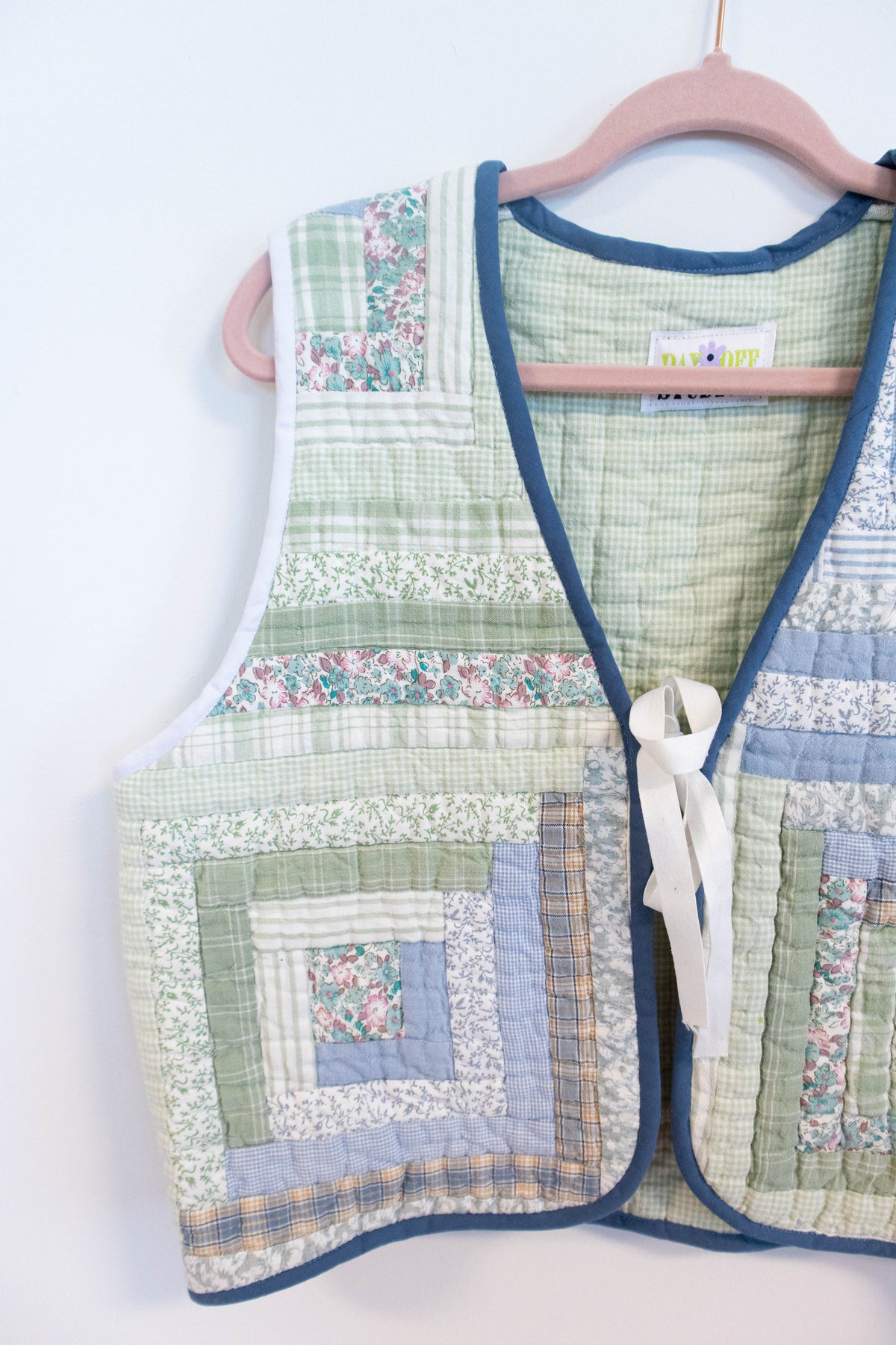Upcycled Log Cabin Quilt Vest – Blue + Green
