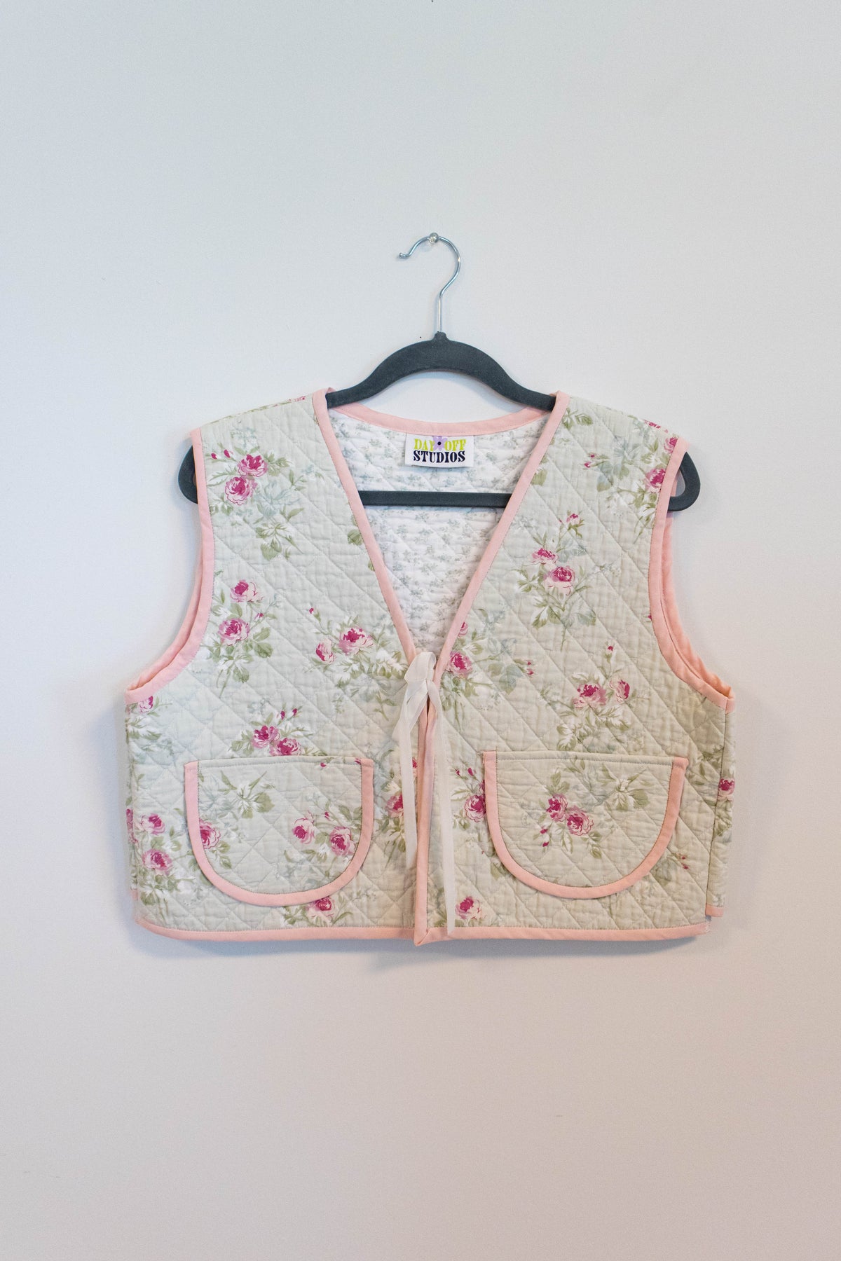 Upcyled Quilt Vest - Sage & Pink Flowers