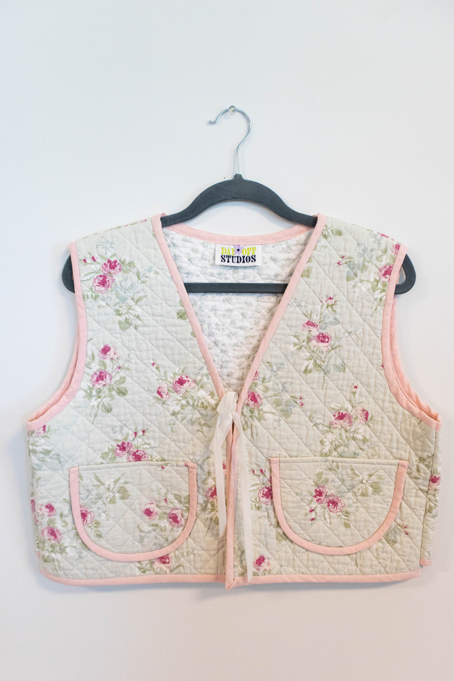Upcyled Quilt Vest - Sage & Pink Flowers