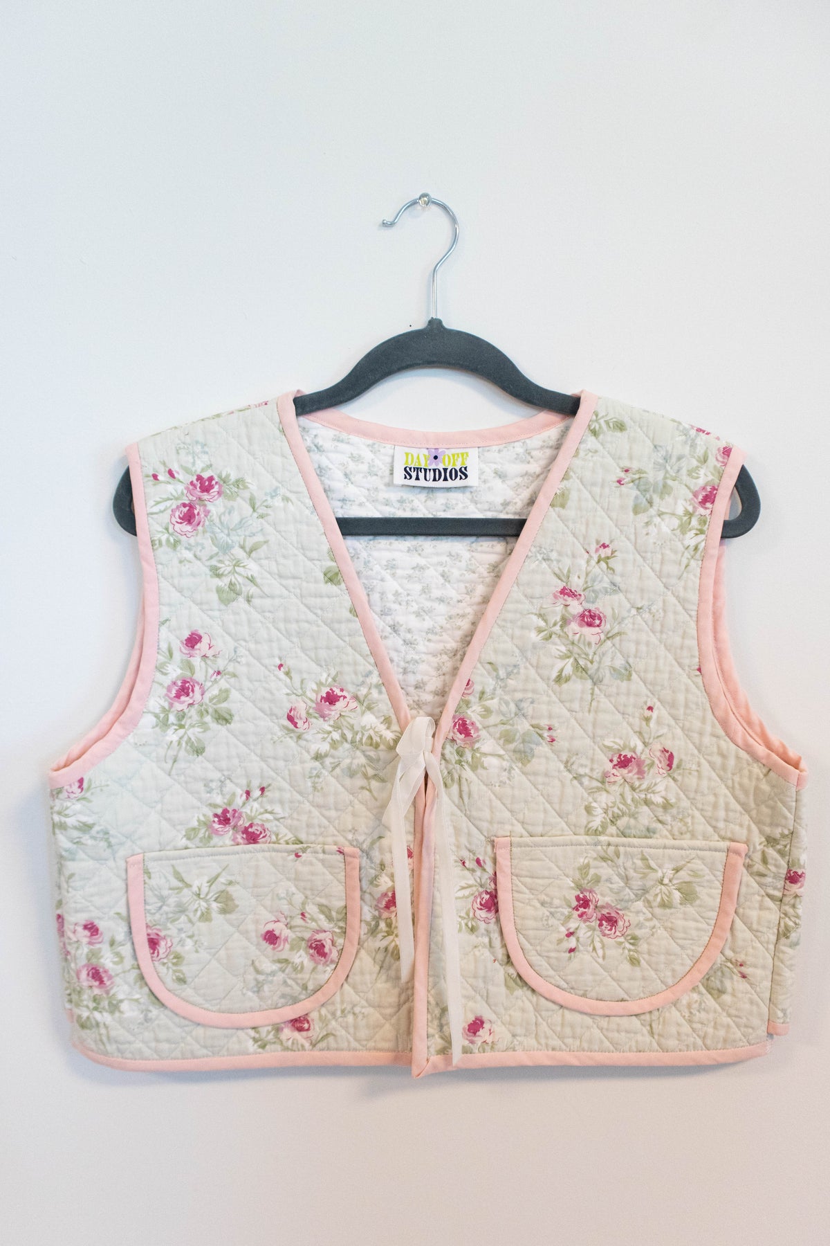 Upcyled Quilt Vest - Sage & Pink Flowers