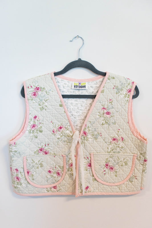 Upcyled Quilt Vest - Sage & Pink Flowers