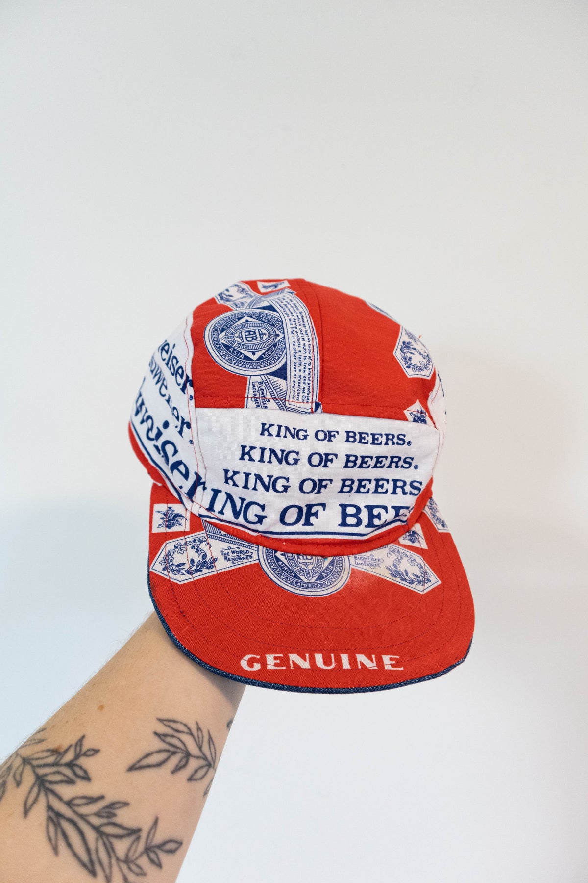 1995 Upcycled Budweiser Scarf 5 Panel Hat - "Genuine" Brim