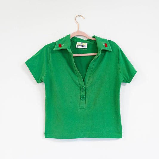 Green Collared Polo Top with Cherry Embroidery