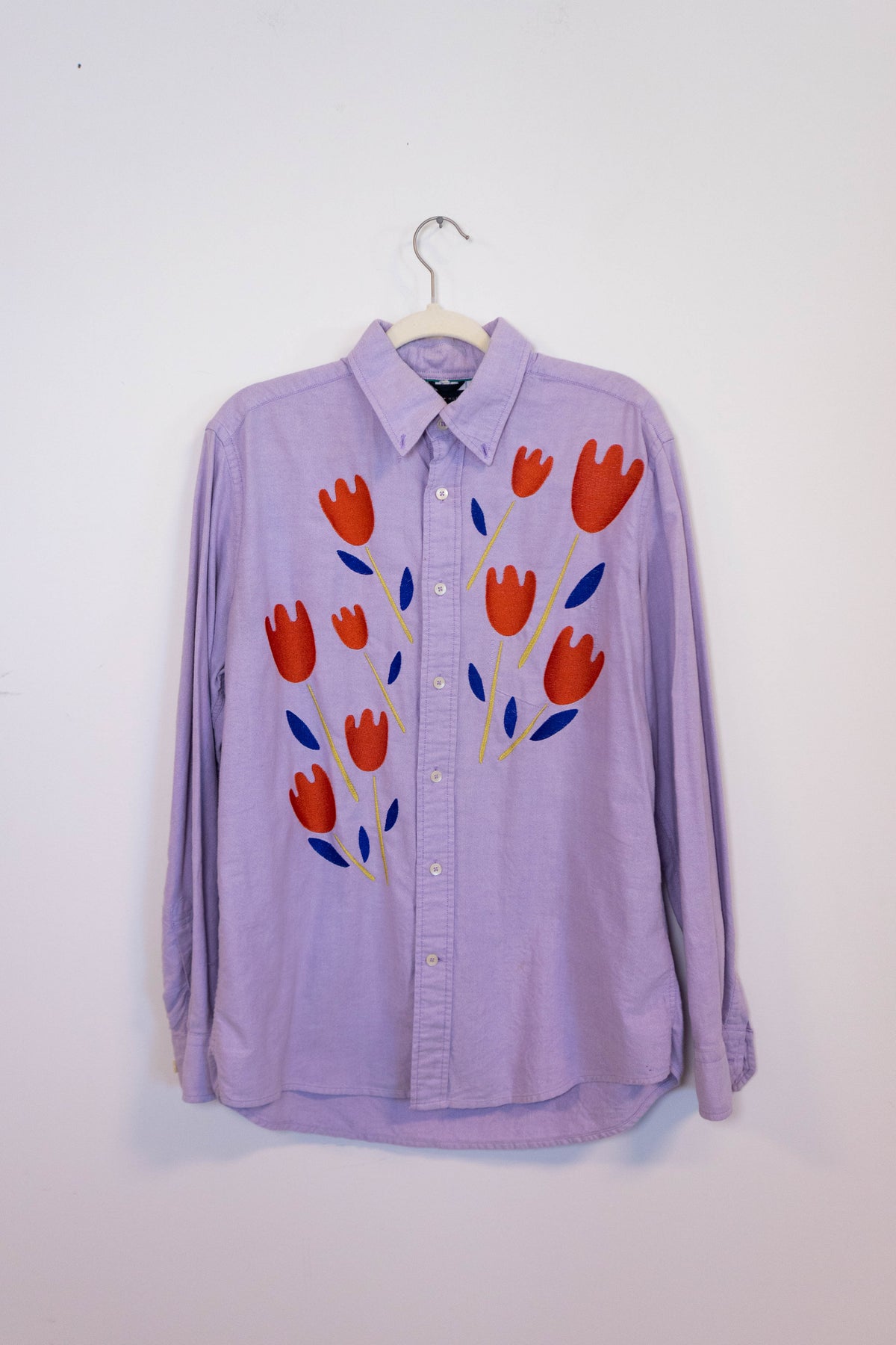 Upcycled Embroidered Tulip Button Down - M