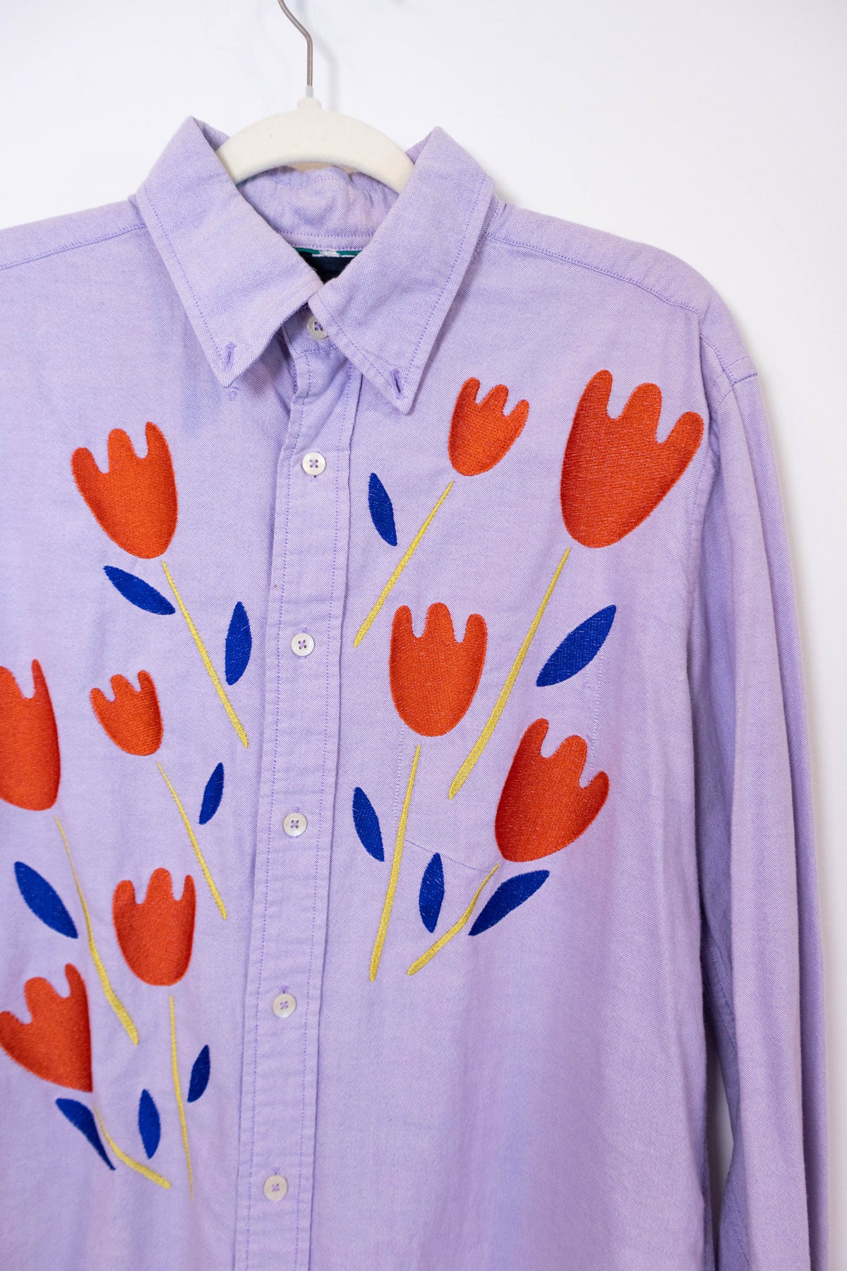Upcycled Embroidered Tulip Button Down - M