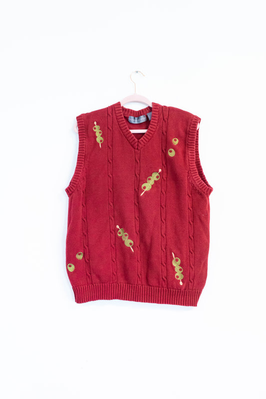 Olive Embroidery Upcycled Oscar De La Renta Sweater Vest -XL