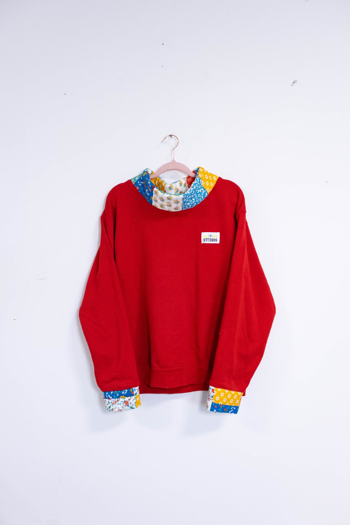Upcycled Mock Neck Sweatshirt with Patchwork Quilt Collar