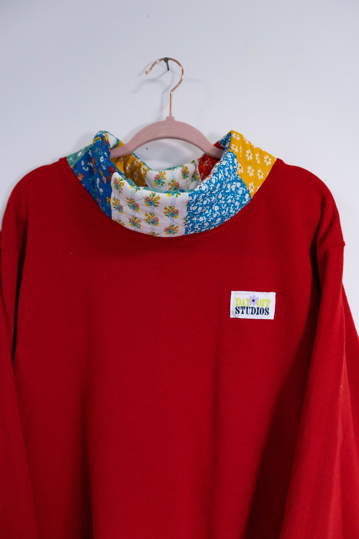 Upcycled Mock Neck Sweatshirt with Patchwork Quilt Collar