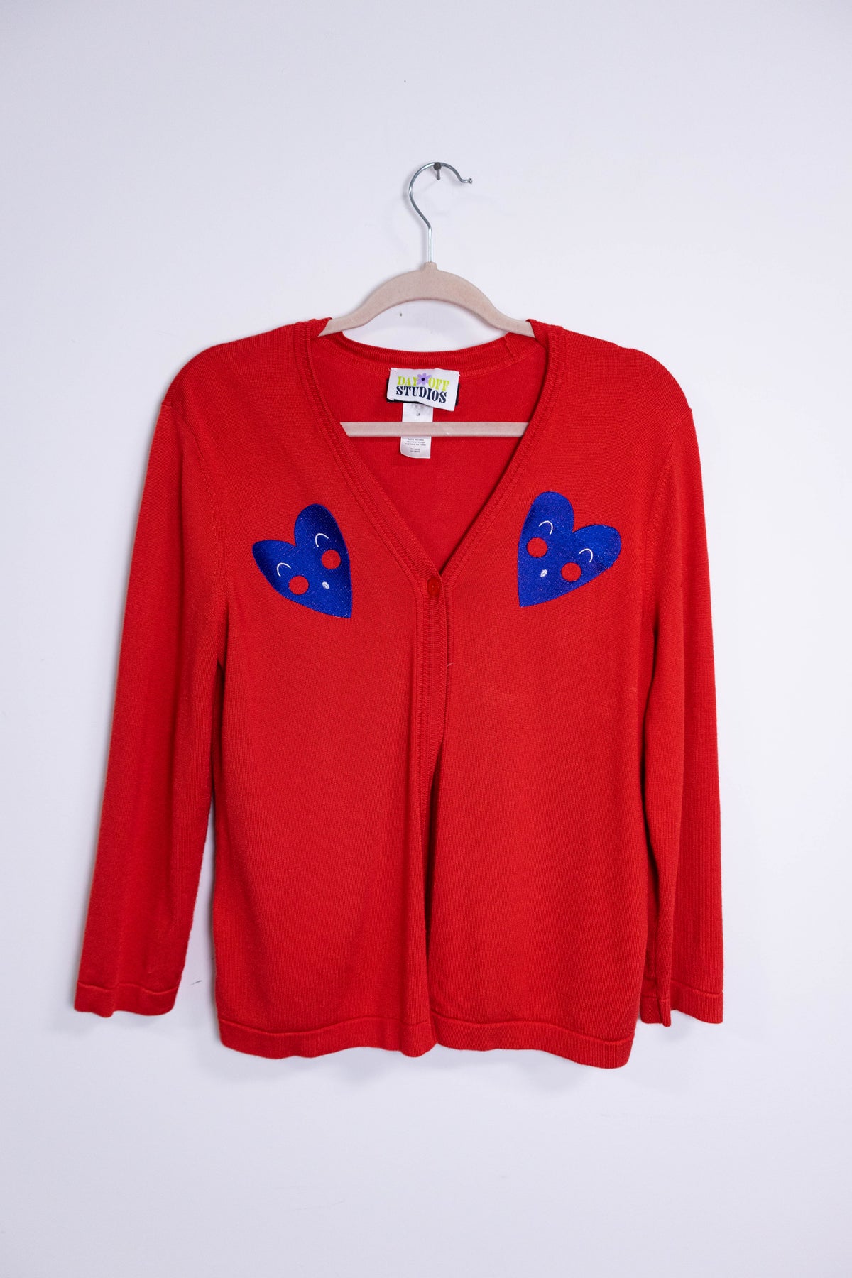 Upcycled Red Cardigan with Blue Heart Embroidery