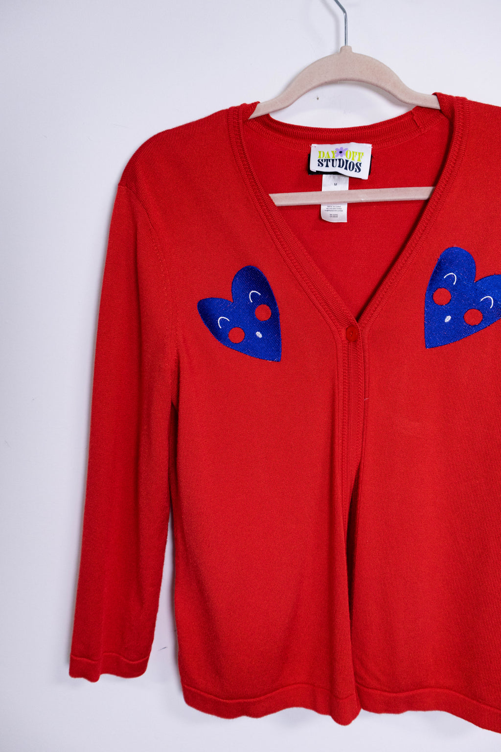 Upcycled Red Cardigan with Blue Heart Embroidery