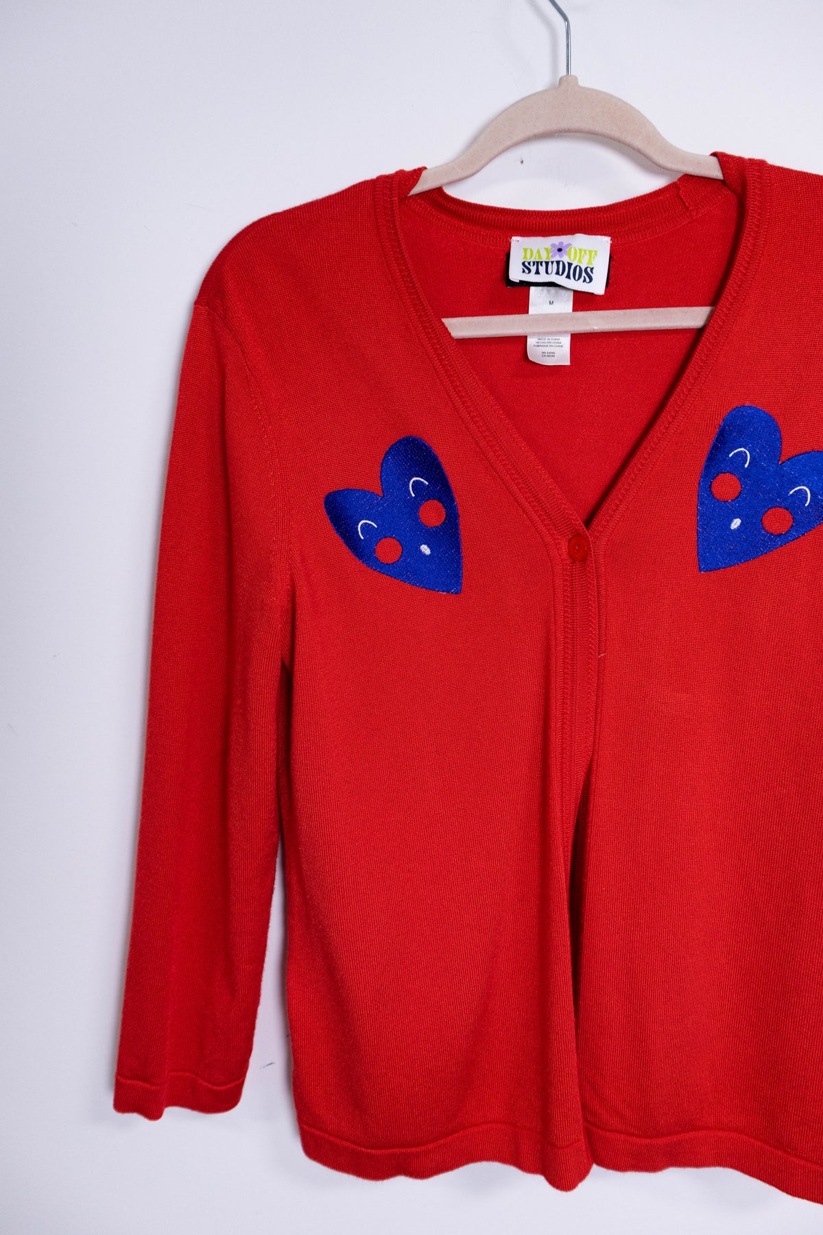 Upcycled Red Cardigan with Blue Heart Embroidery