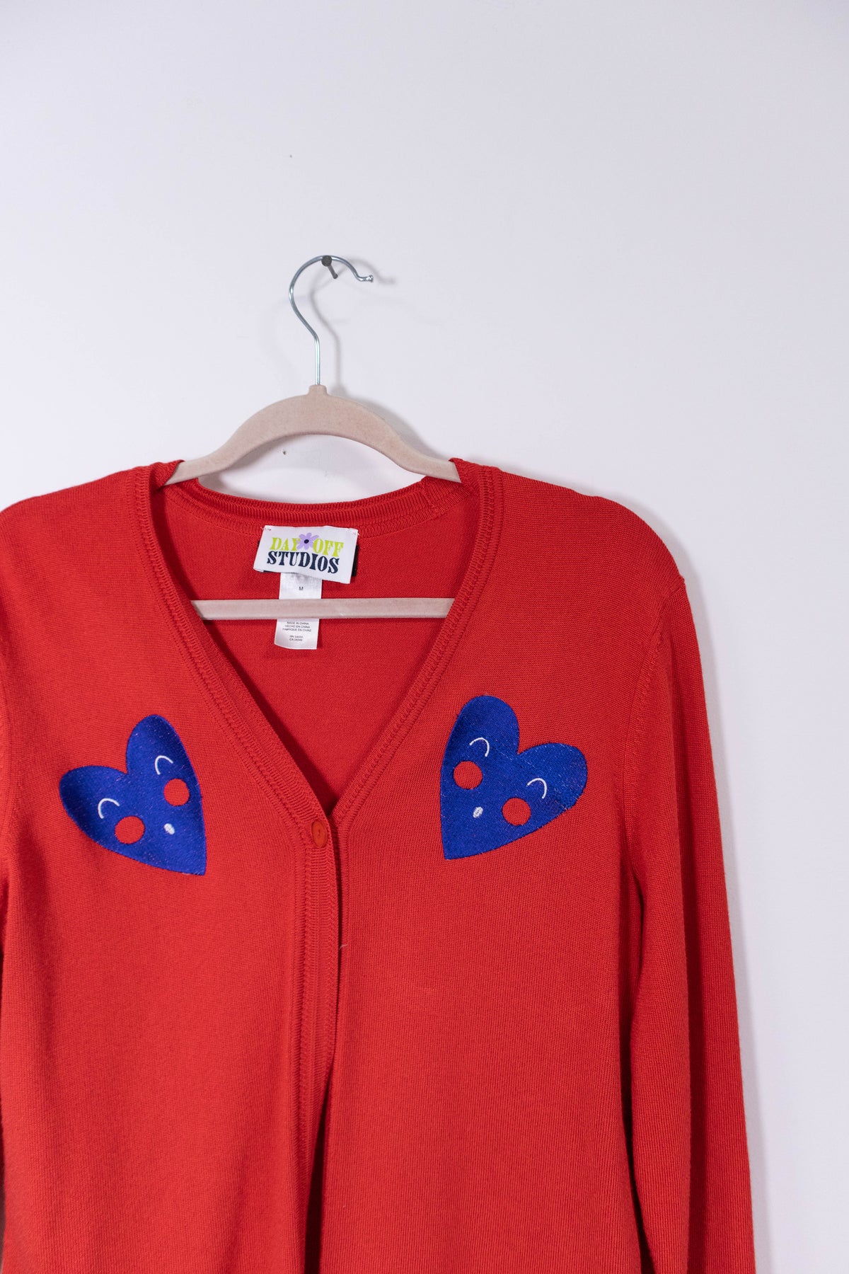 Upcycled Red Cardigan with Blue Heart Embroidery