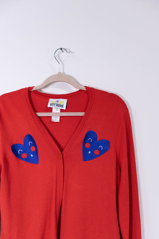 Upcycled Red Cardigan with Blue Heart Embroidery
