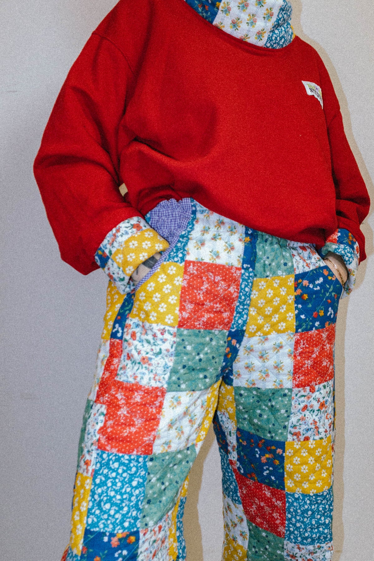 Upcycled Mock Neck Sweatshirt with Patchwork Quilt Collar