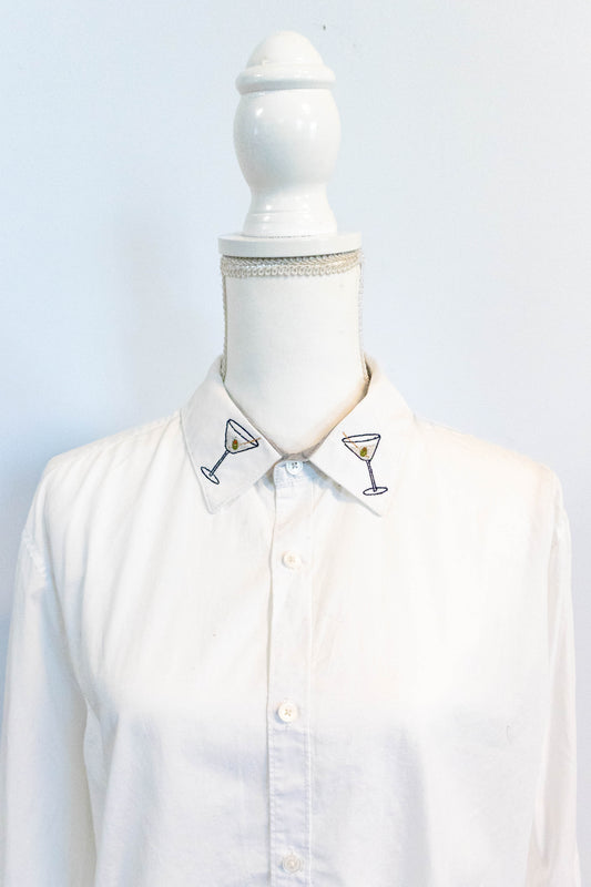 Upcycled White Calvin Klein Button-Down – Martini Collar Embroidery