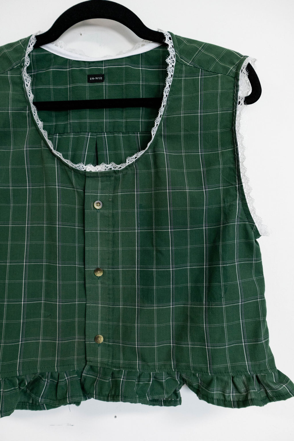 Upcycled Green Plaid Lace Trim Top