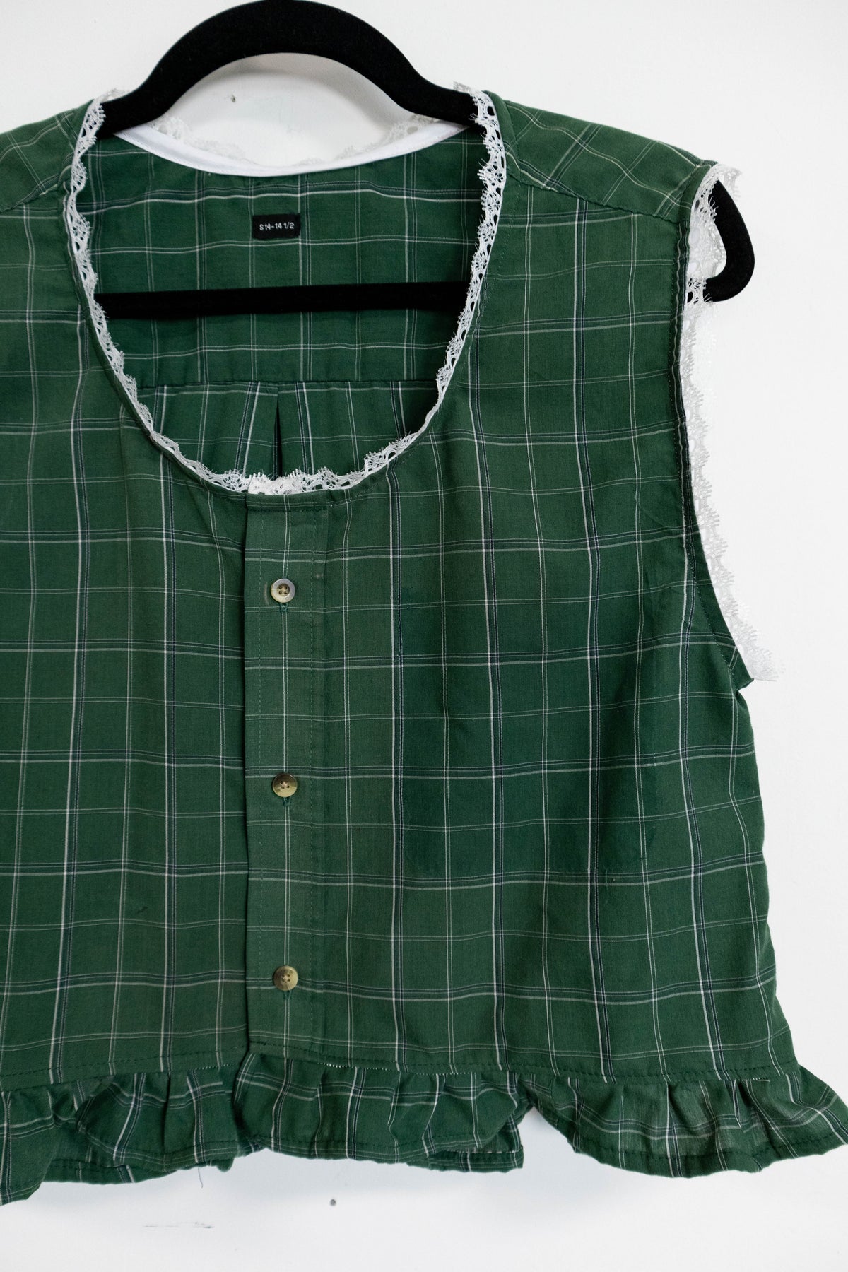 Upcycled Green Plaid Lace Trim Top